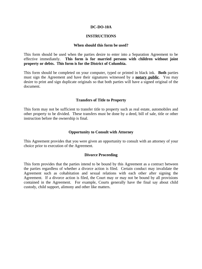 Marital Legal Separation and Property Settlement Agreement Minor Children No Joint Property or Debts Effective Immediately Distr  Form