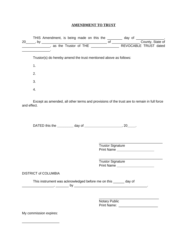 Amendment to Living Trust District of Columbia  Form