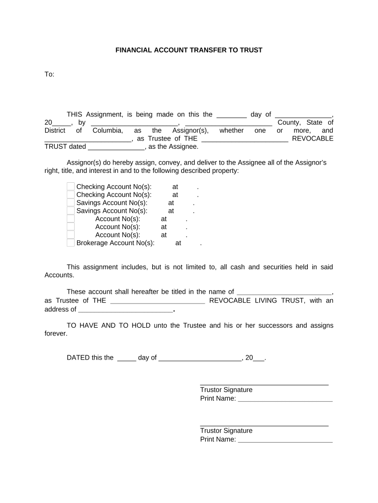 Financial Account Transfer to Living Trust District of Columbia  Form