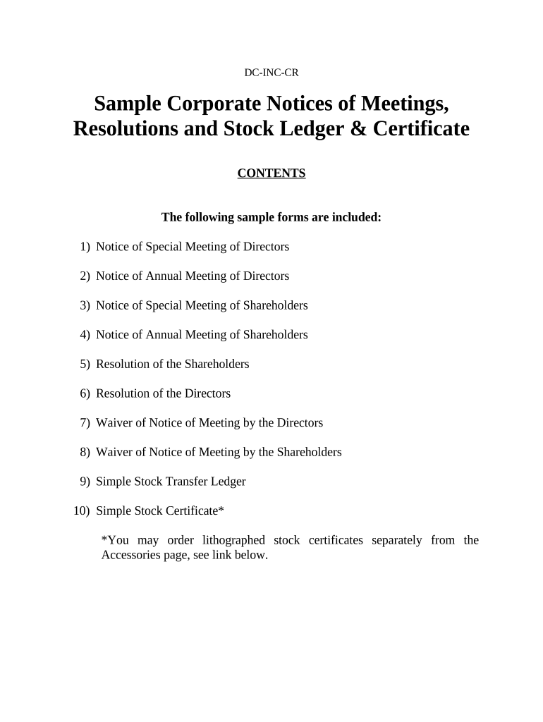 Notices, Resolutions, Simple Stock Ledger and Certificate District of Columbia  Form