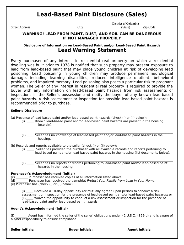 Lead Based Paint Disclosure for Sales Transaction District of Columbia  Form