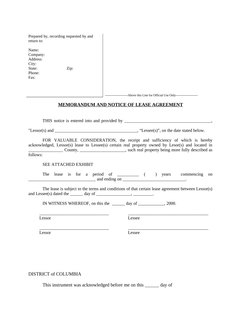 Notice of Lease for Recording District of Columbia  Form