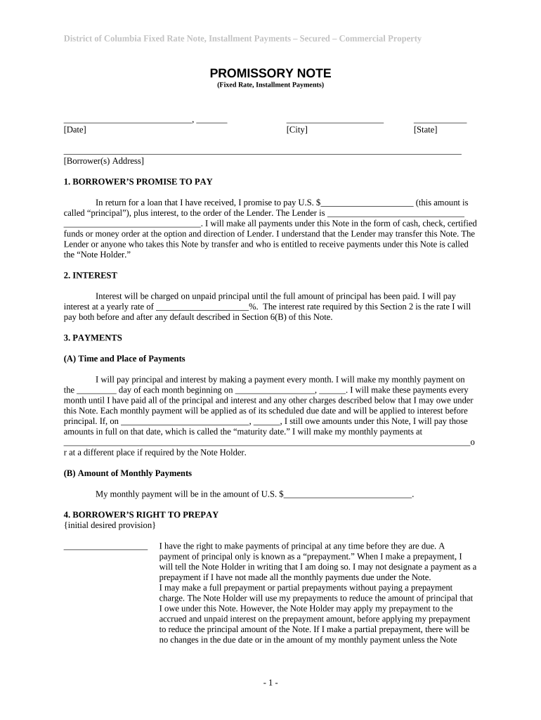 District of Columbia Installments Fixed Rate Promissory Note Secured by Commercial Real Estate District of Columbia  Form