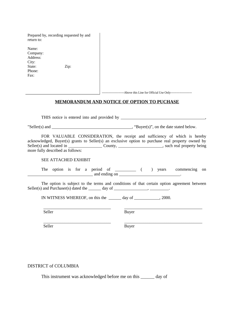 Notice of Option for Recording District of Columbia  Form