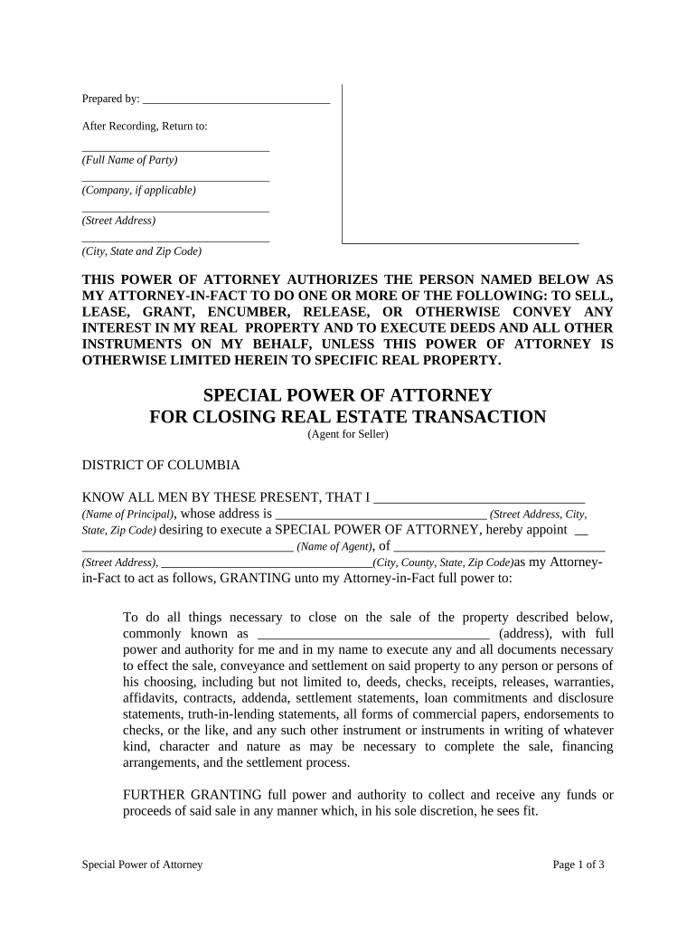 Special or Limited Power of Attorney for Real Estate Sales Transaction by Seller District of Columbia  Form