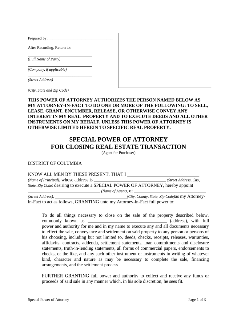 Special or Limited Power of Attorney for Real Estate Purchase Transaction by Purchaser District of Columbia  Form