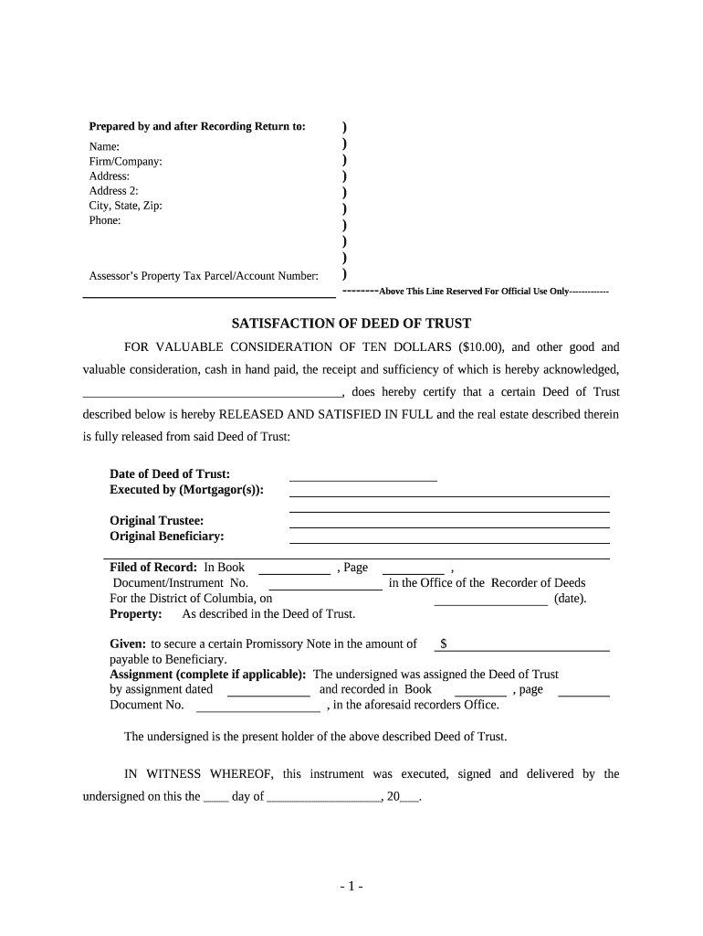 Satisfaction, Release or Cancellation of Deed of Trust by Individual District of Columbia  Form