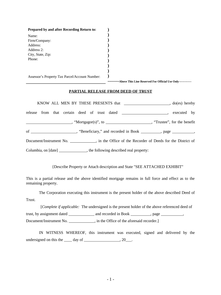 Partial Release of Property from Deed of Trust for Corporation District of Columbia  Form