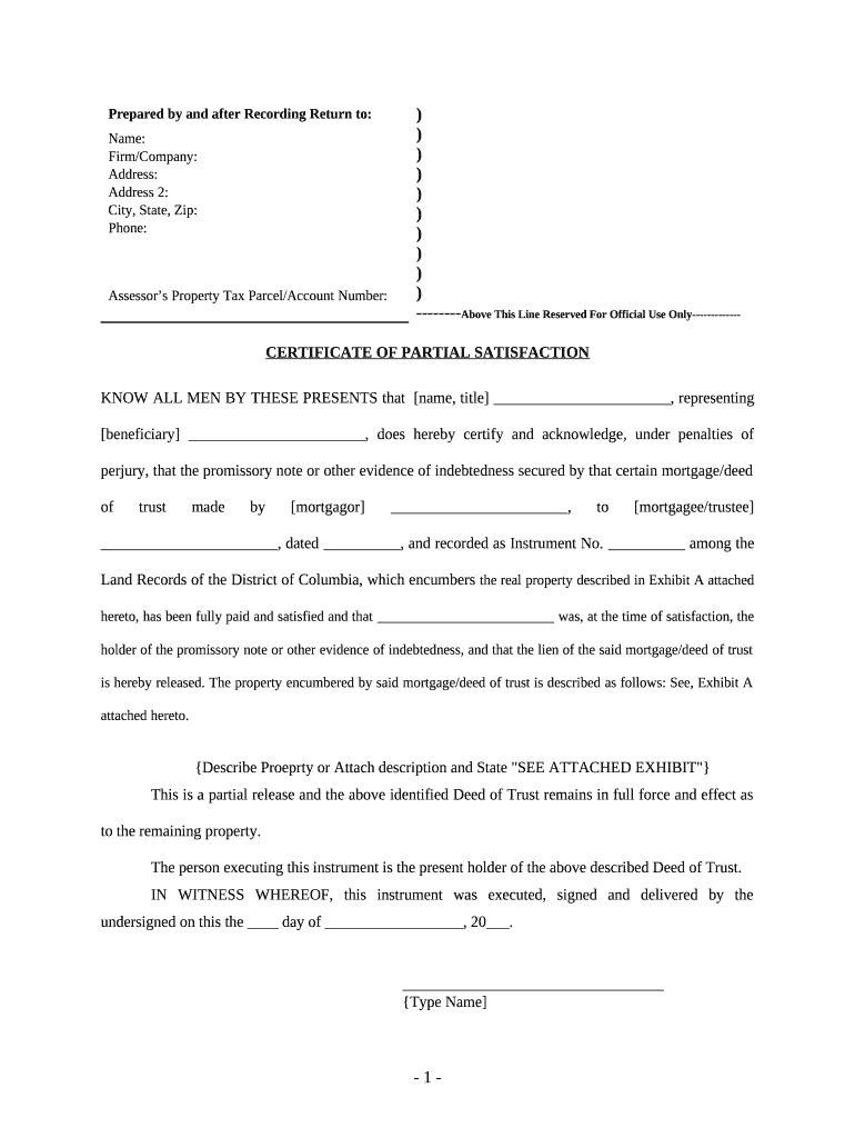 Partial Release of Property from Deed of Trust for Individual District of Columbia  Form