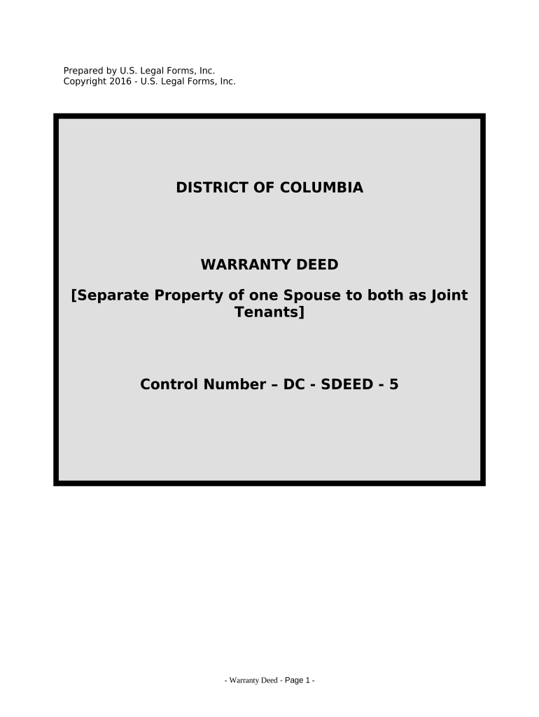 Warranty Deed to Separate Property of One Spouse to Both as Joint Tenants District of Columbia  Form