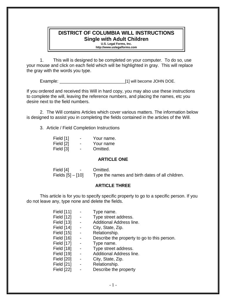 Legal Last Will and Testament Form for Single Person with Adult Children District of Columbia