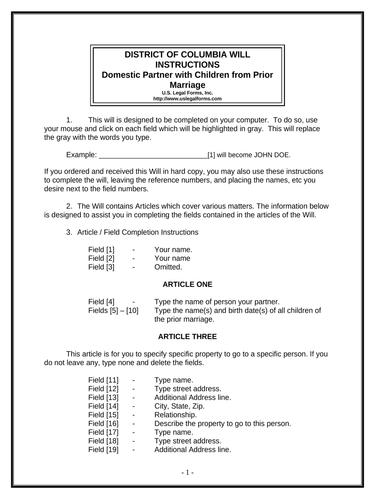 Legal Last Will and Testament for Domestic Partner with Minor Children from Prior Marriage District of Columbia  Form