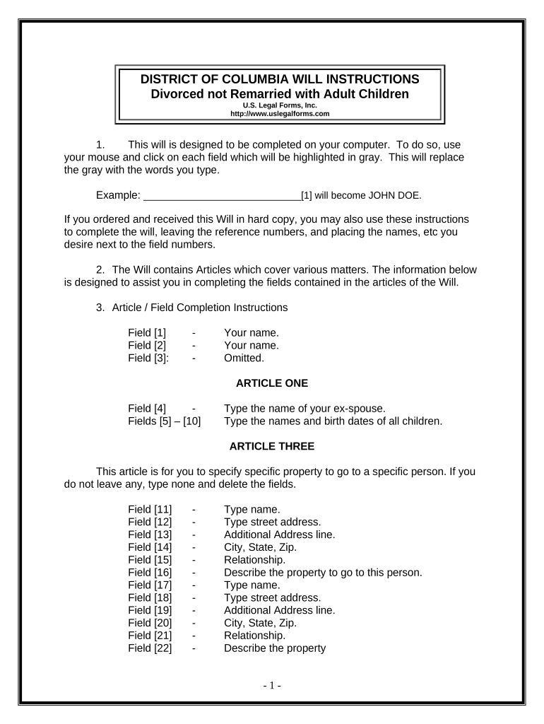 Legal Last Will and Testament Form for Divorced Person Not Remarried with Adult Children District of Columbia