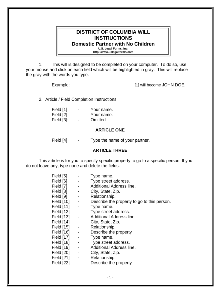 Legal Last Will and Testament Form for a Domestic Partner with No Children District of Columbia