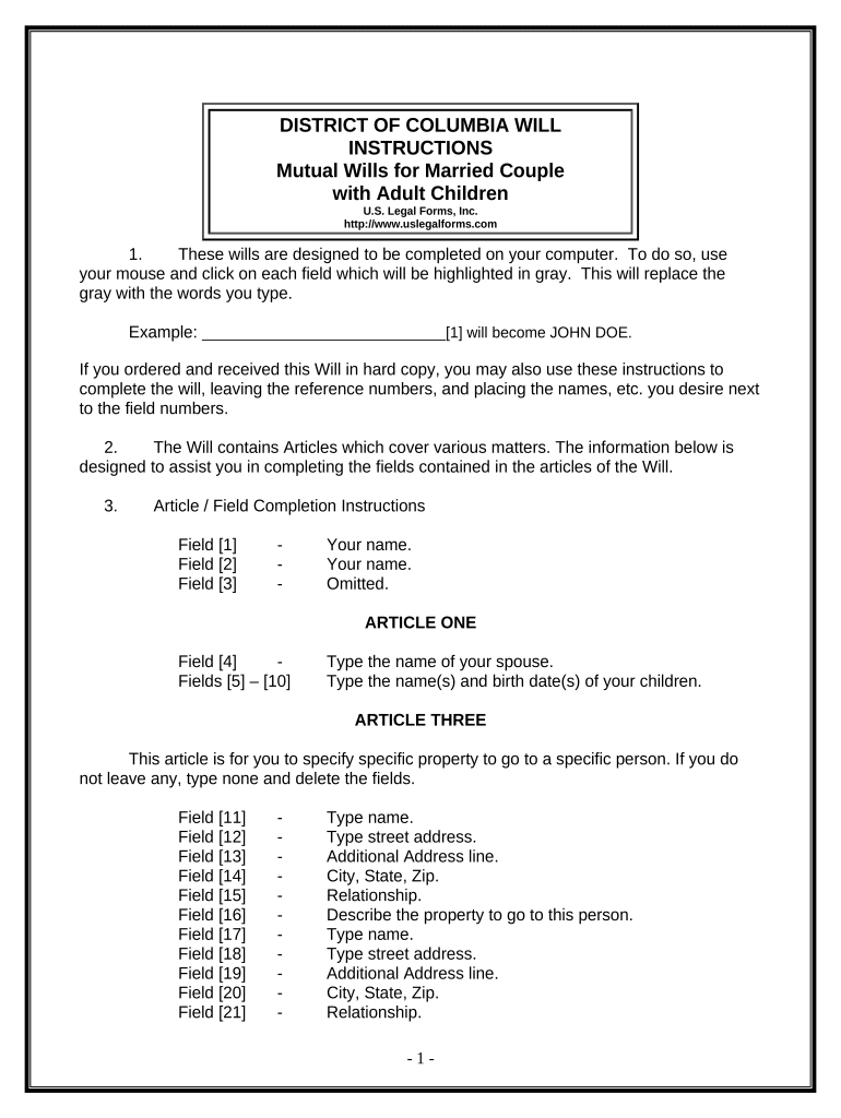 Mutual Wills Package with Last Wills and Testaments for Married Couple with Adult Children District of Columbia  Form