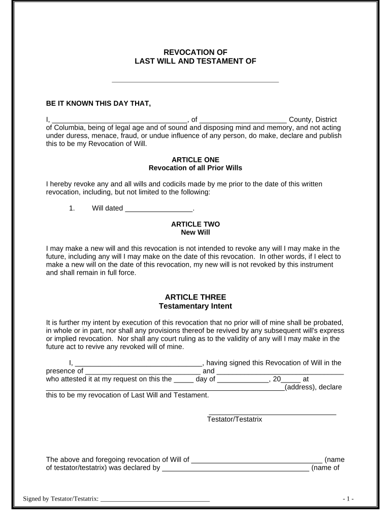Written Revocation of Will District of Columbia  Form