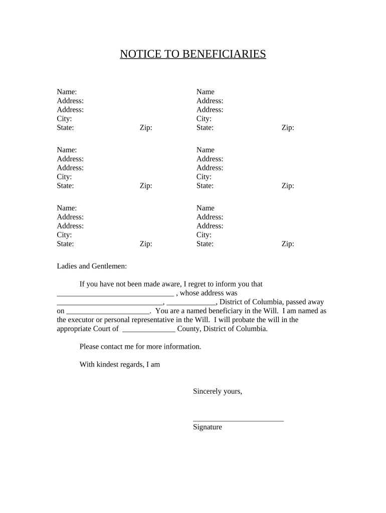 Notice to Beneficiaries of Being Named in Will District of Columbia  Form