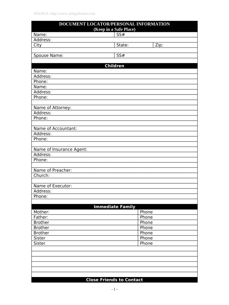 Document Locator and Personal Information Package Including Burial Information Form District of Columbia