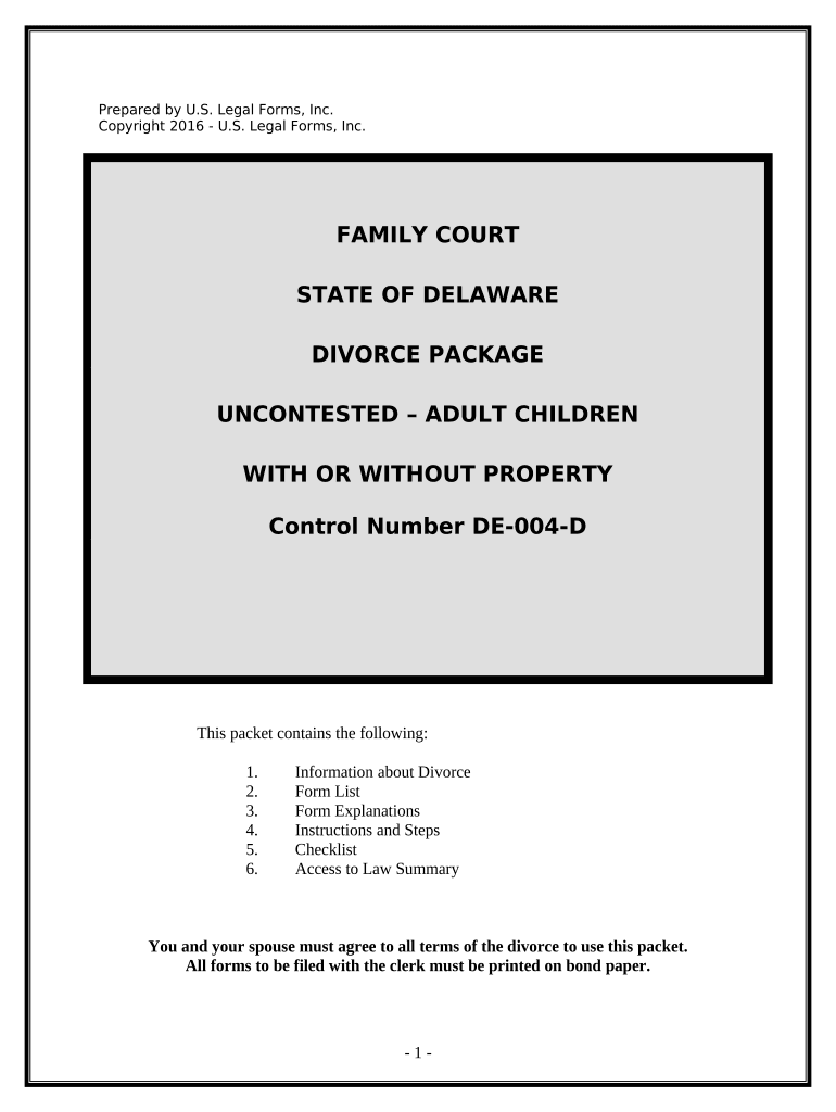 No Fault Uncontested Agreed Divorce Package for Dissolution of Marriage with Adult Children and with or Without Property and Deb  Form