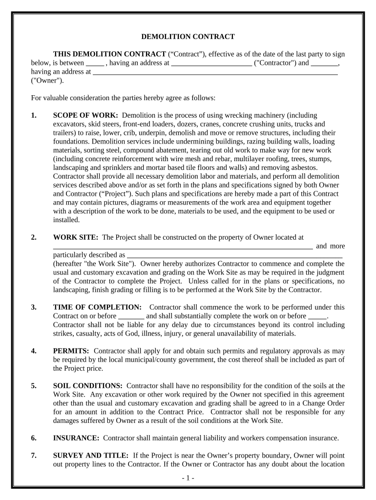 Demolition Contract for Contractor Delaware  Form