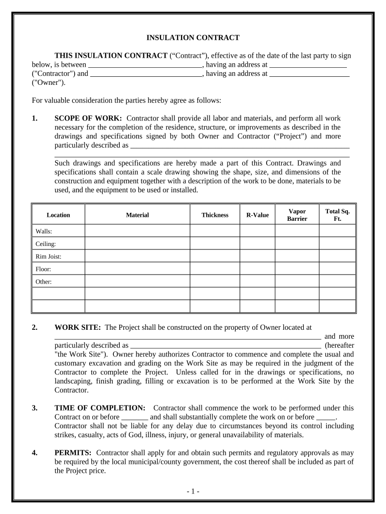 Insulation Contract for Contractor Delaware Form