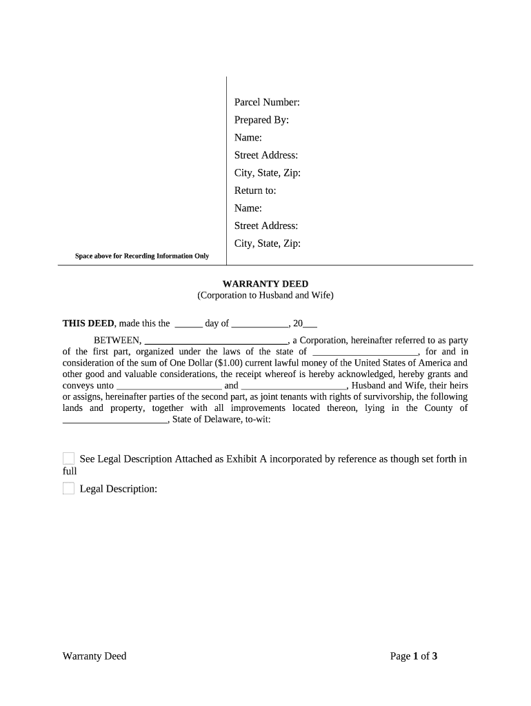 Warranty Deed from Corporation to Husband and Wife Delaware  Form