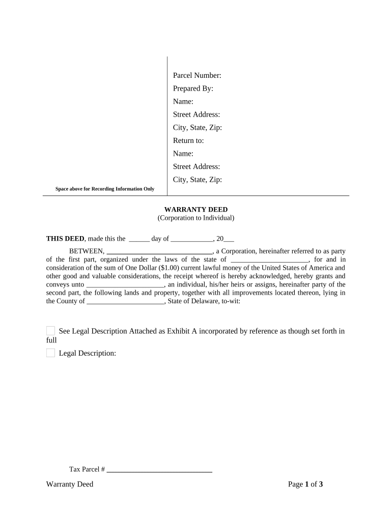 Warranty Deed from Corporation to Individual Delaware  Form