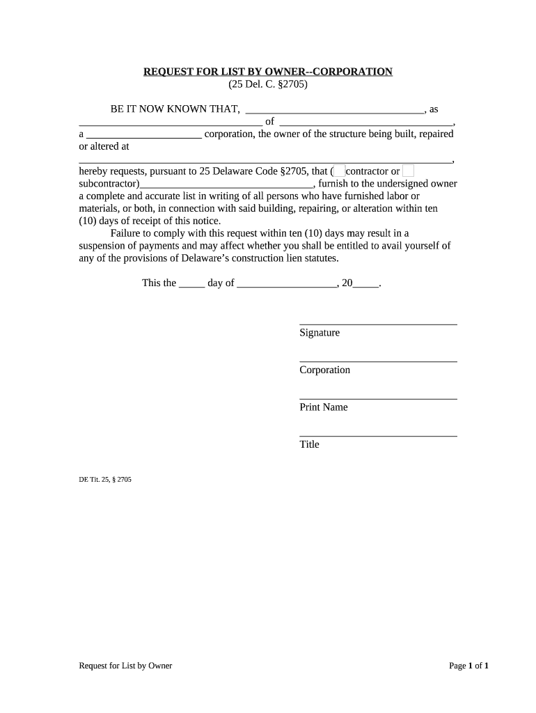 Request for List of Possible Lien Claimants Corporate Delaware  Form