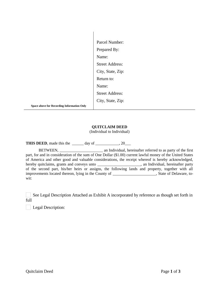 Quitclaim Deed from Individual to Individual Delaware  Form