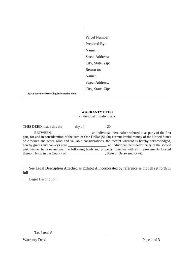 Warranty Deed from Individual to Individual Delaware  Form