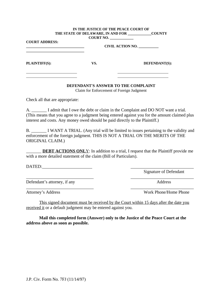 Defendant Answer Complaint  Form
