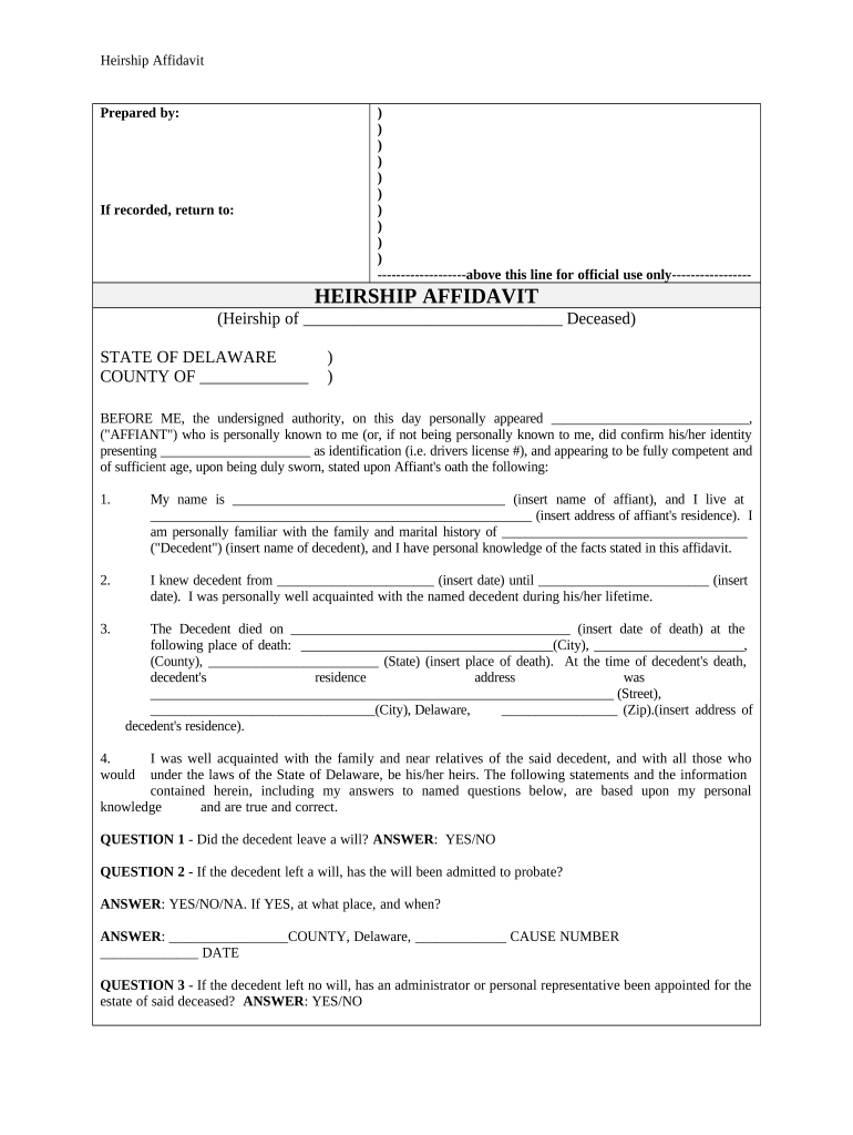 Heirship Affidavit Descent Delaware  Form