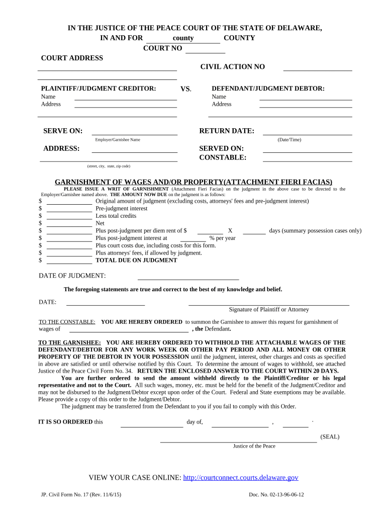 Delaware Garnishment  Form