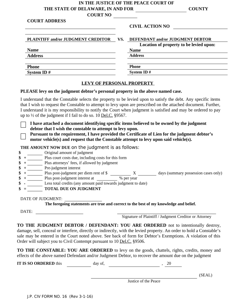 Levy of Property Delaware  Form