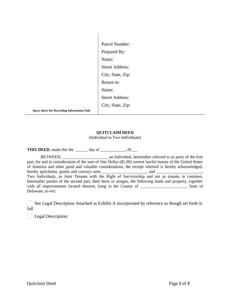 Quitclaim Deed from Individual to Two Individuals in Joint Tenancy Delaware  Form