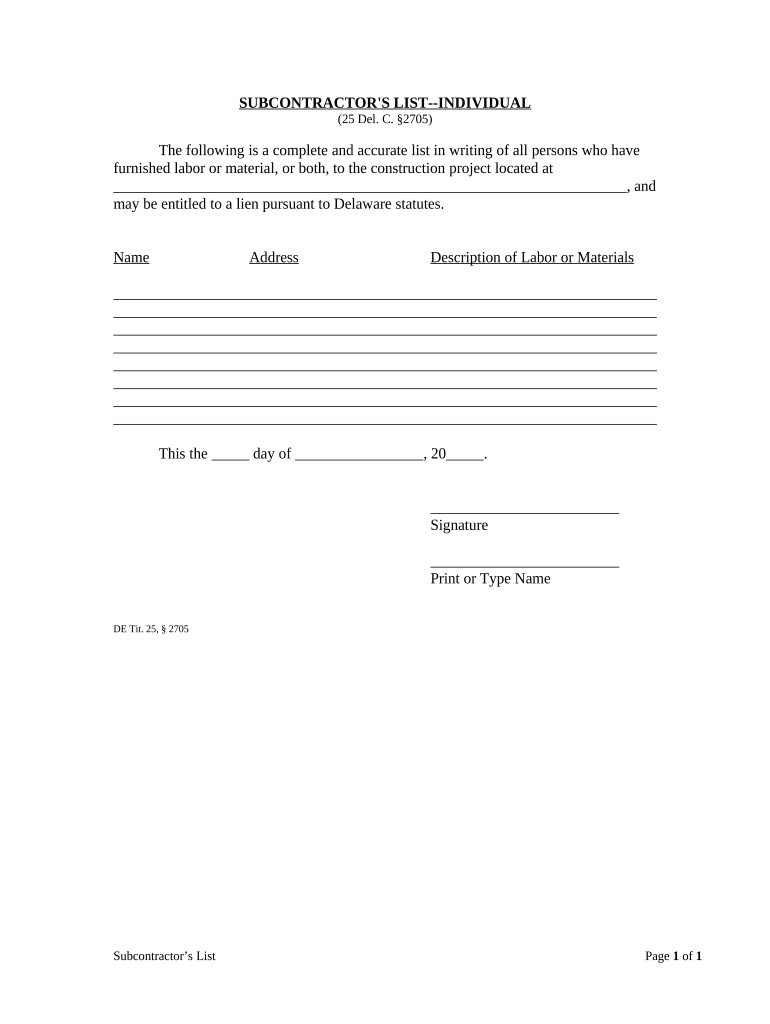 Delaware Subcontractor  Form