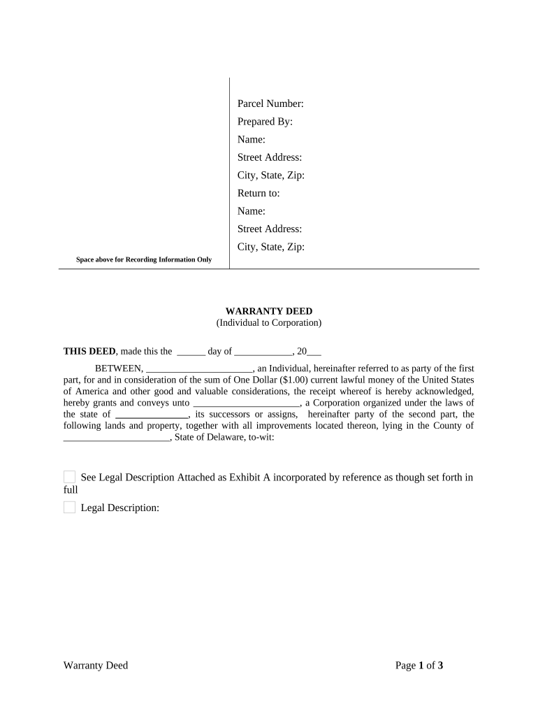 Warranty Deed from Individual to Corporation Delaware  Form