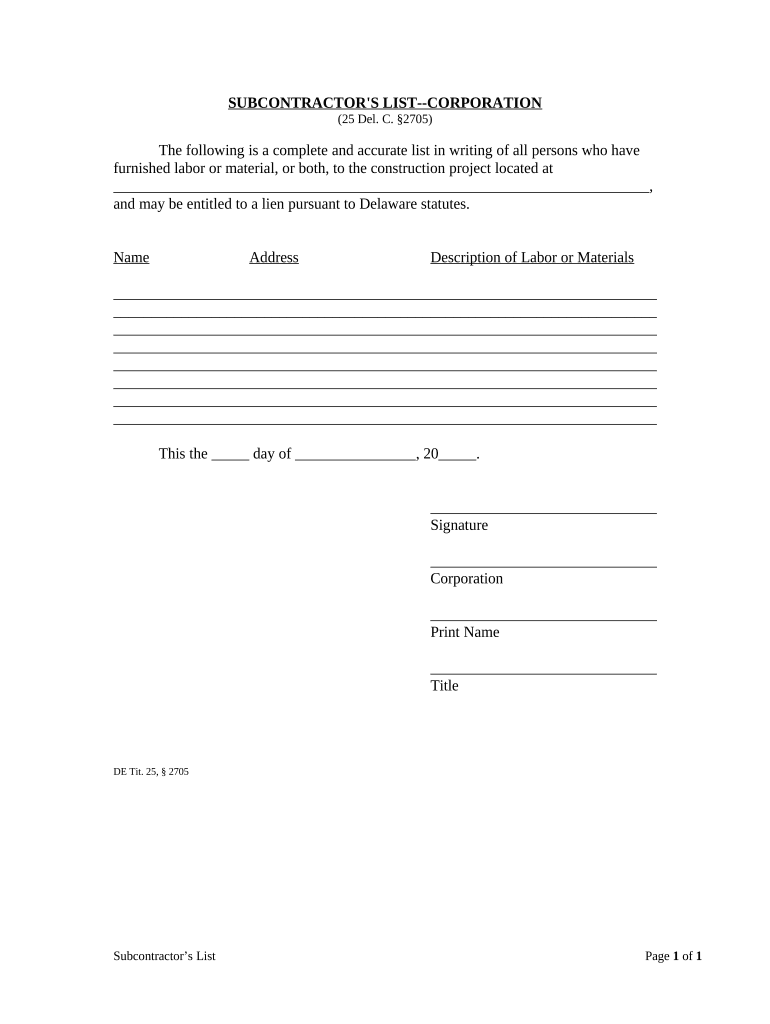 Subcontractor's List Corporation Delaware  Form