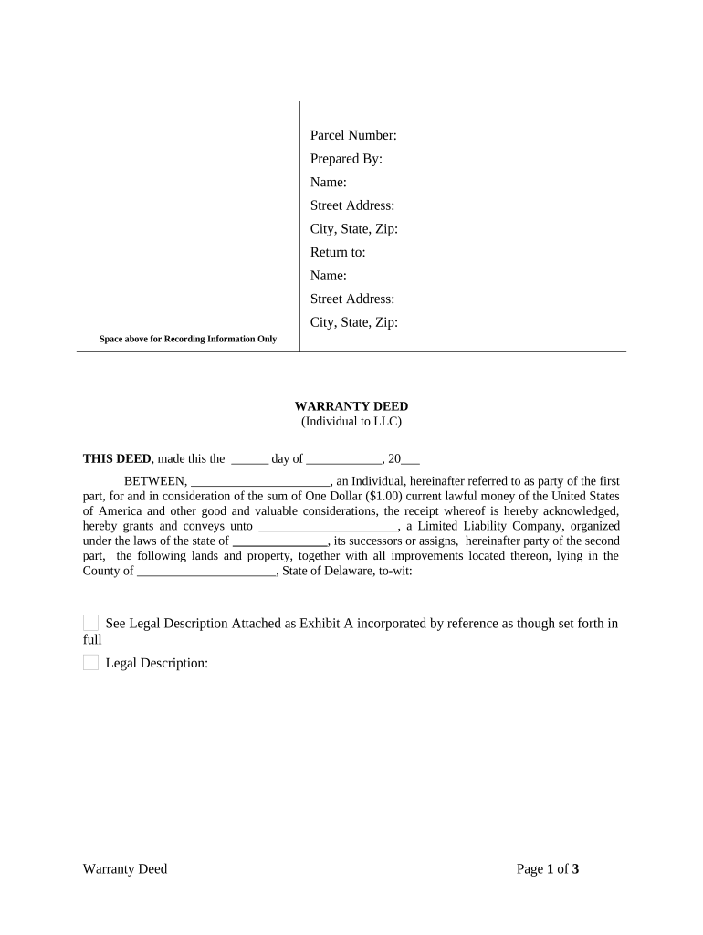 Warranty Deed from Individual to LLC Delaware  Form