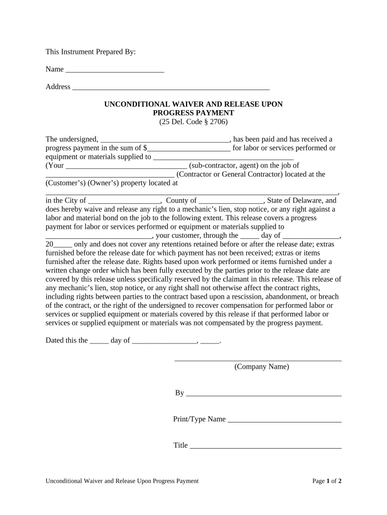 Unconditional Waiver and Release Upon Progress Payment Delaware  Form