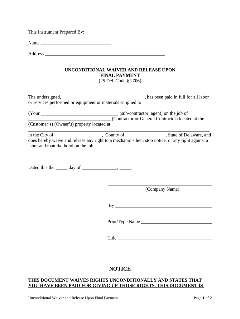 Unconditional Waiver Release Payment  Form