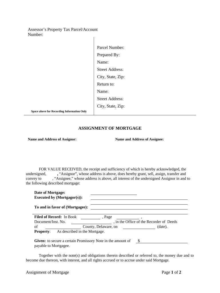 Assignment of Mortgage by Individual Mortgage Holder Delaware  Form