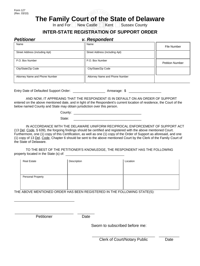 Interstate Registration of Support Order Delaware  Form