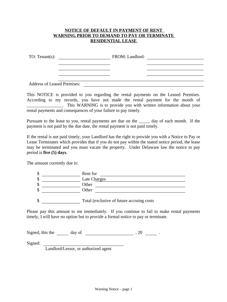 Notice of Default in Payment of Rent as Warning Prior to Demand to Pay or Terminate for Residential Property Delaware  Form