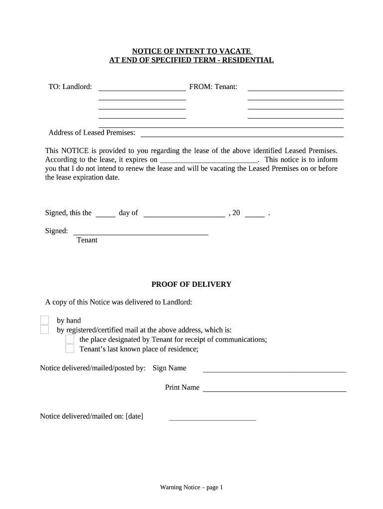 Notice of Intent to Vacate at End of Specified Lease Term from Tenant to Landlord for Residential Property Delaware  Form