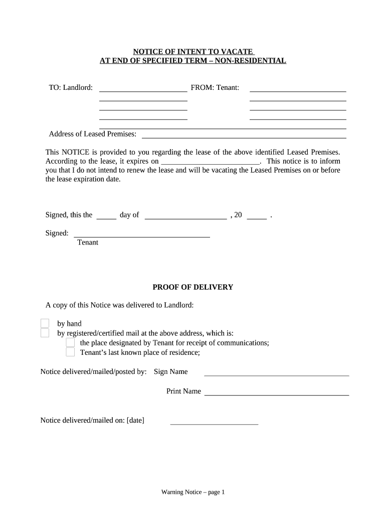 Notice of Intent to Vacate at End of Specified Lease Term from Tenant to Landlord Nonresidential Delaware  Form
