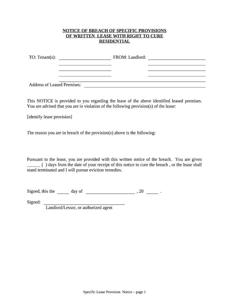 Notice of Breach of Written Lease for Violating Specific Provisions of Lease with Right to Cure for Residential Property from La  Form