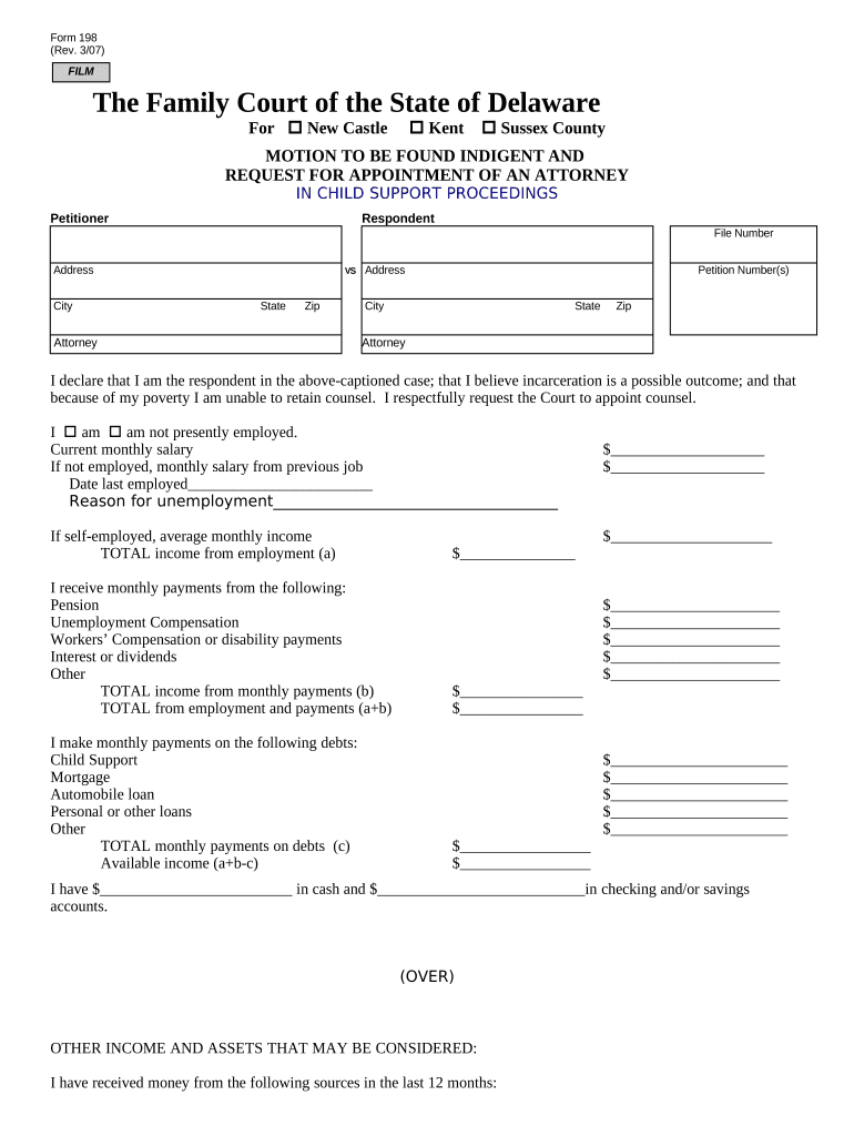 Motion to Be Found Indigent and Request for Appointment of an Attorney in Child Support Proceedings Delaware  Form