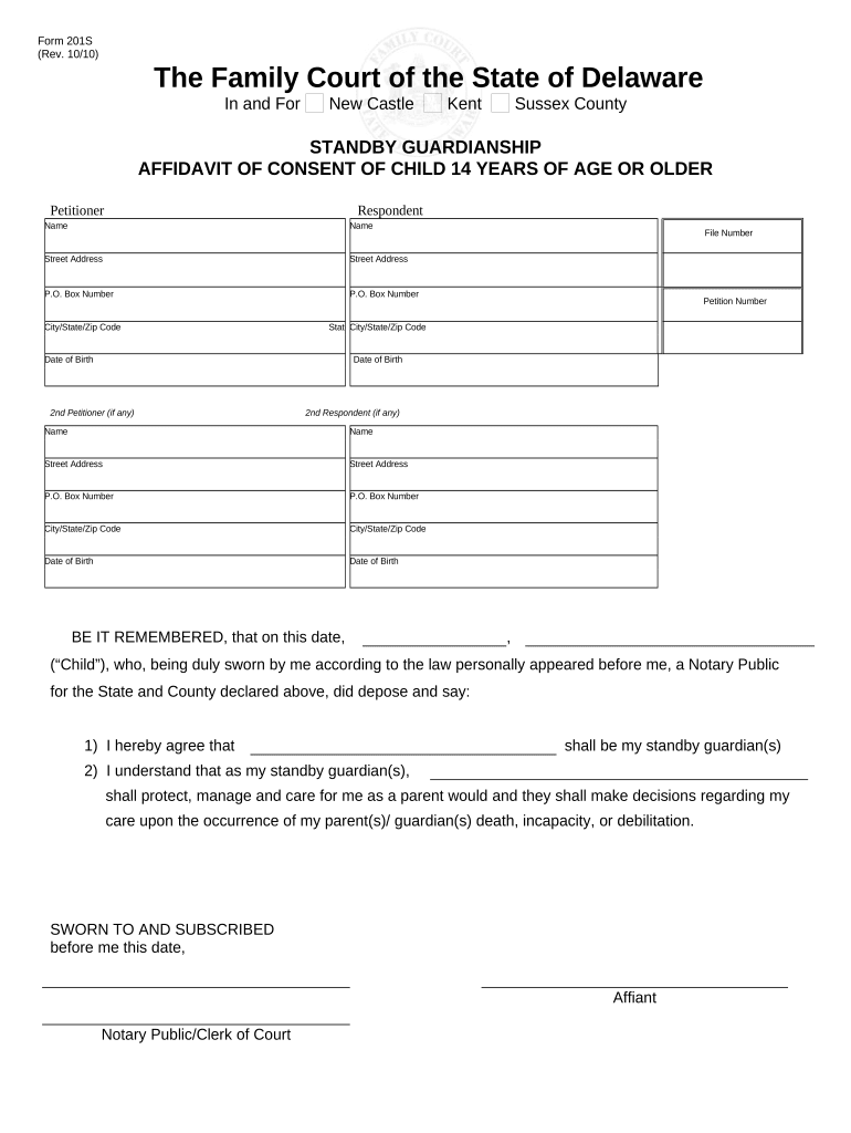 Affidavit of Consent of Child 14 Years of Age or Older Standby Guardianship Delaware  Form