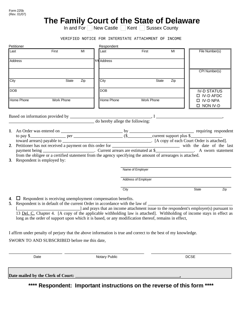 Verified Notice of Interstate Attachment of Income Delaware  Form